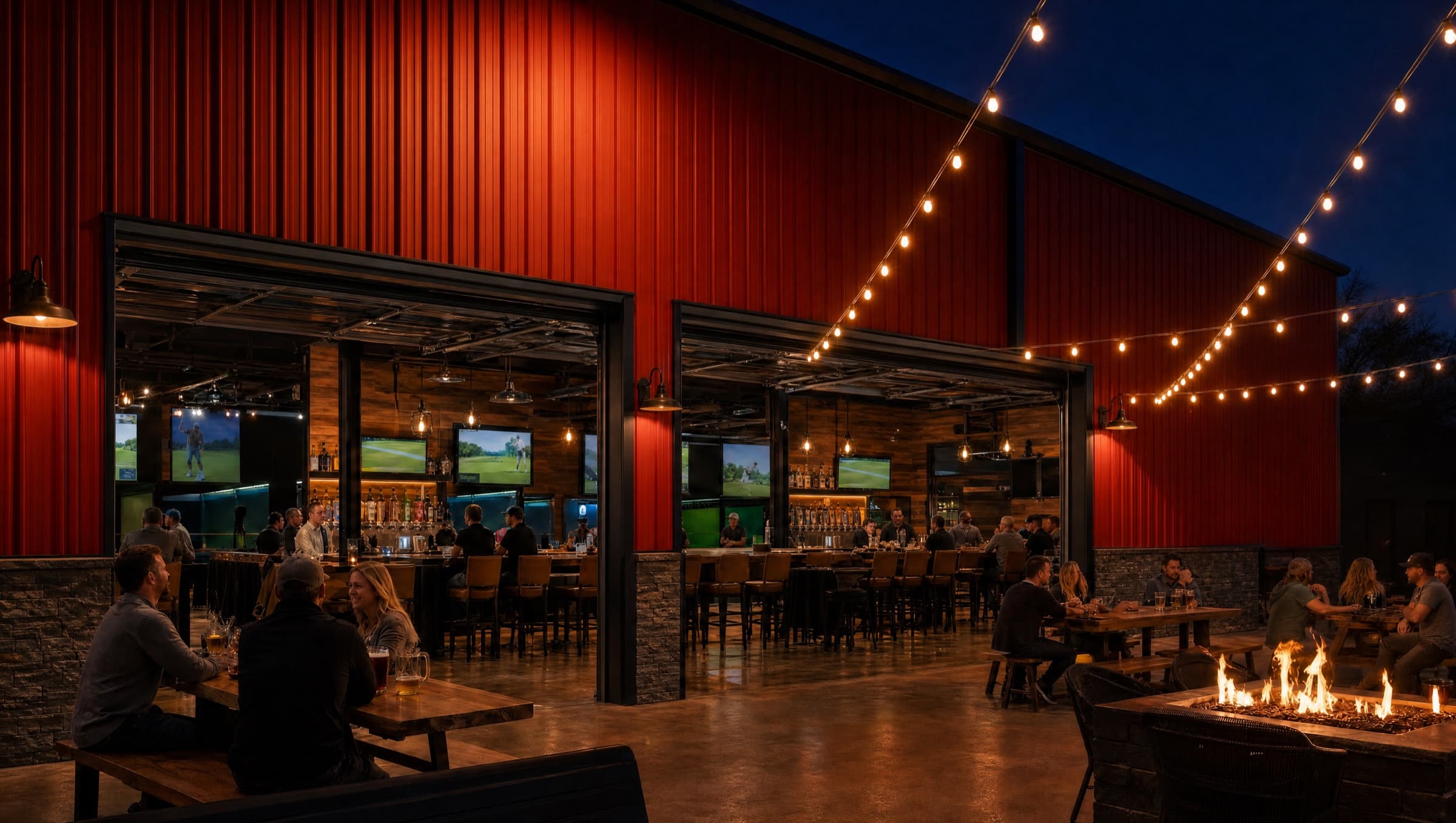 Rendering of the back patio at night — string lights, fire pit, and the bar glowing through open garage doors