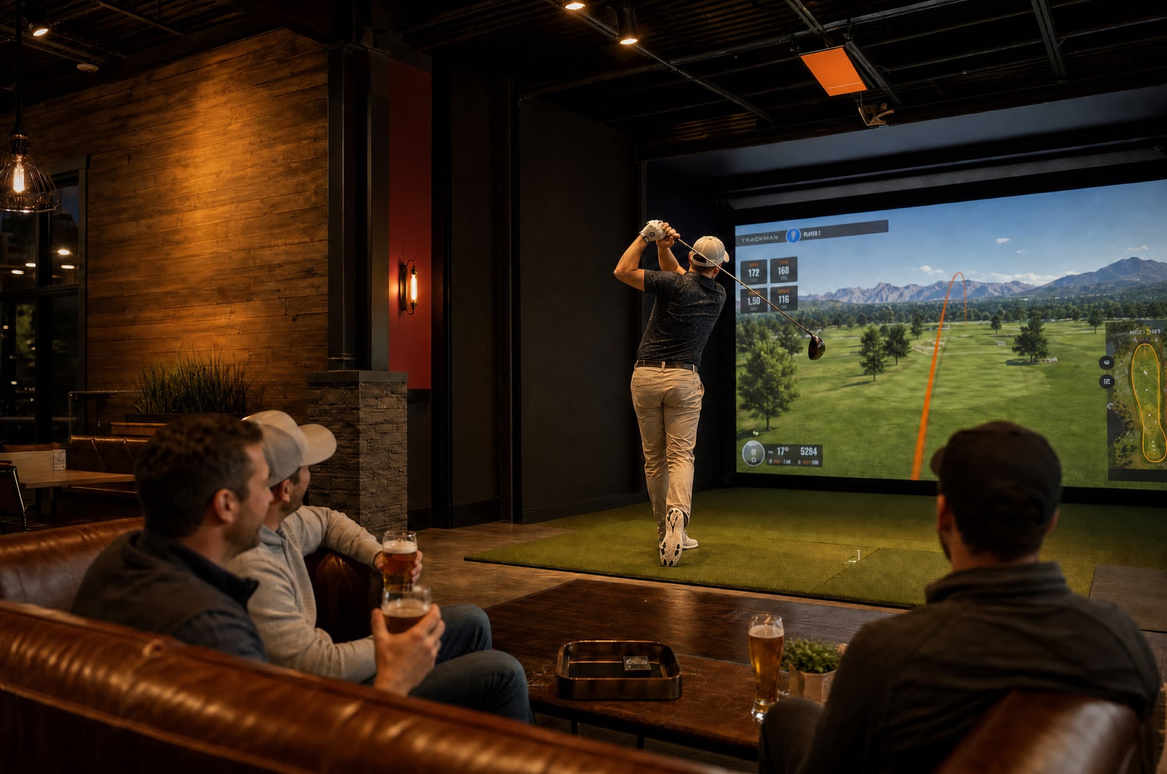 Rendering of a golfer mid-swing with the ball tracer arcing across the simulator screen
