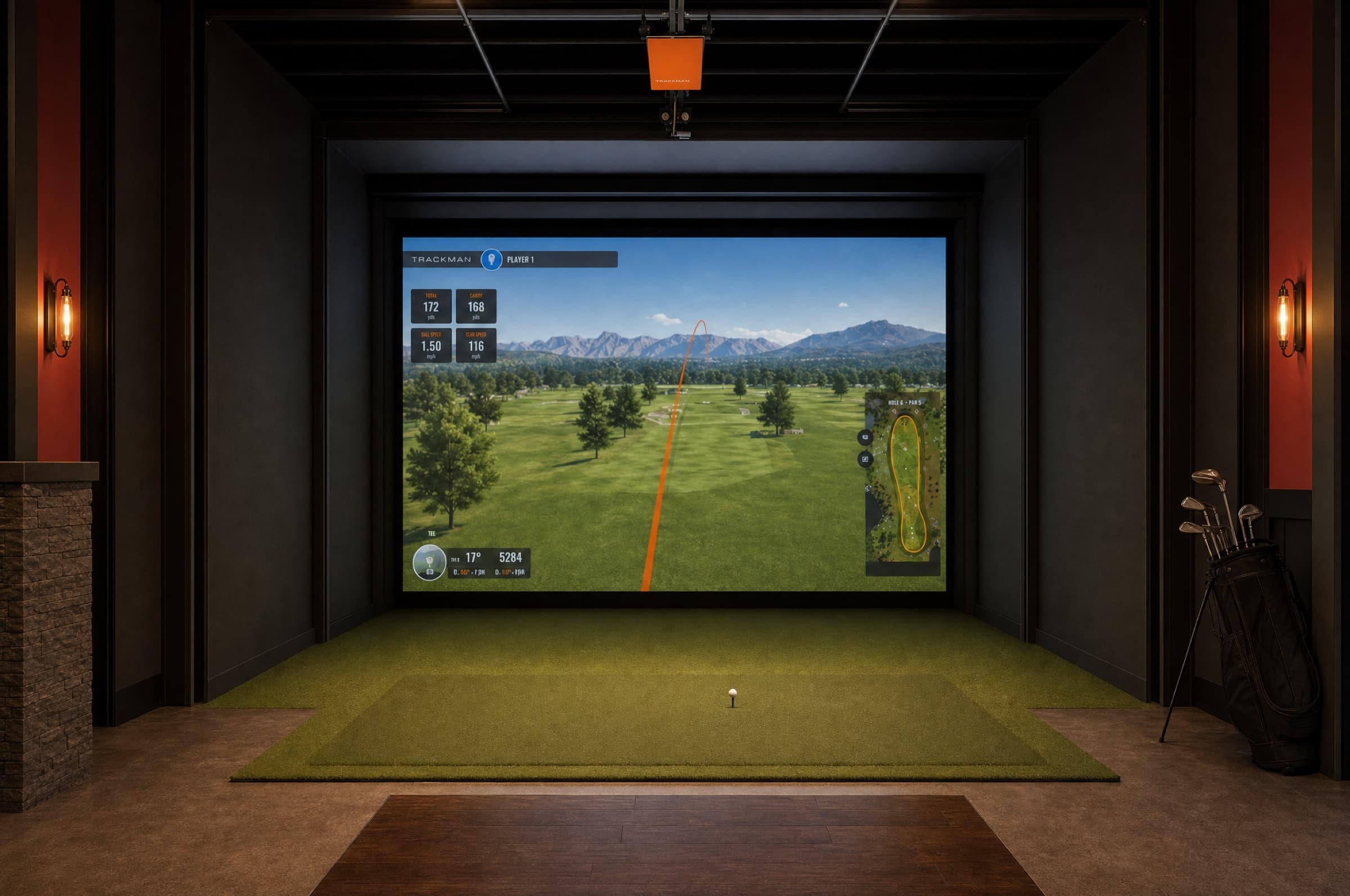 Rendering of a private TrackMan iO simulator with the screen lit and clubs ready