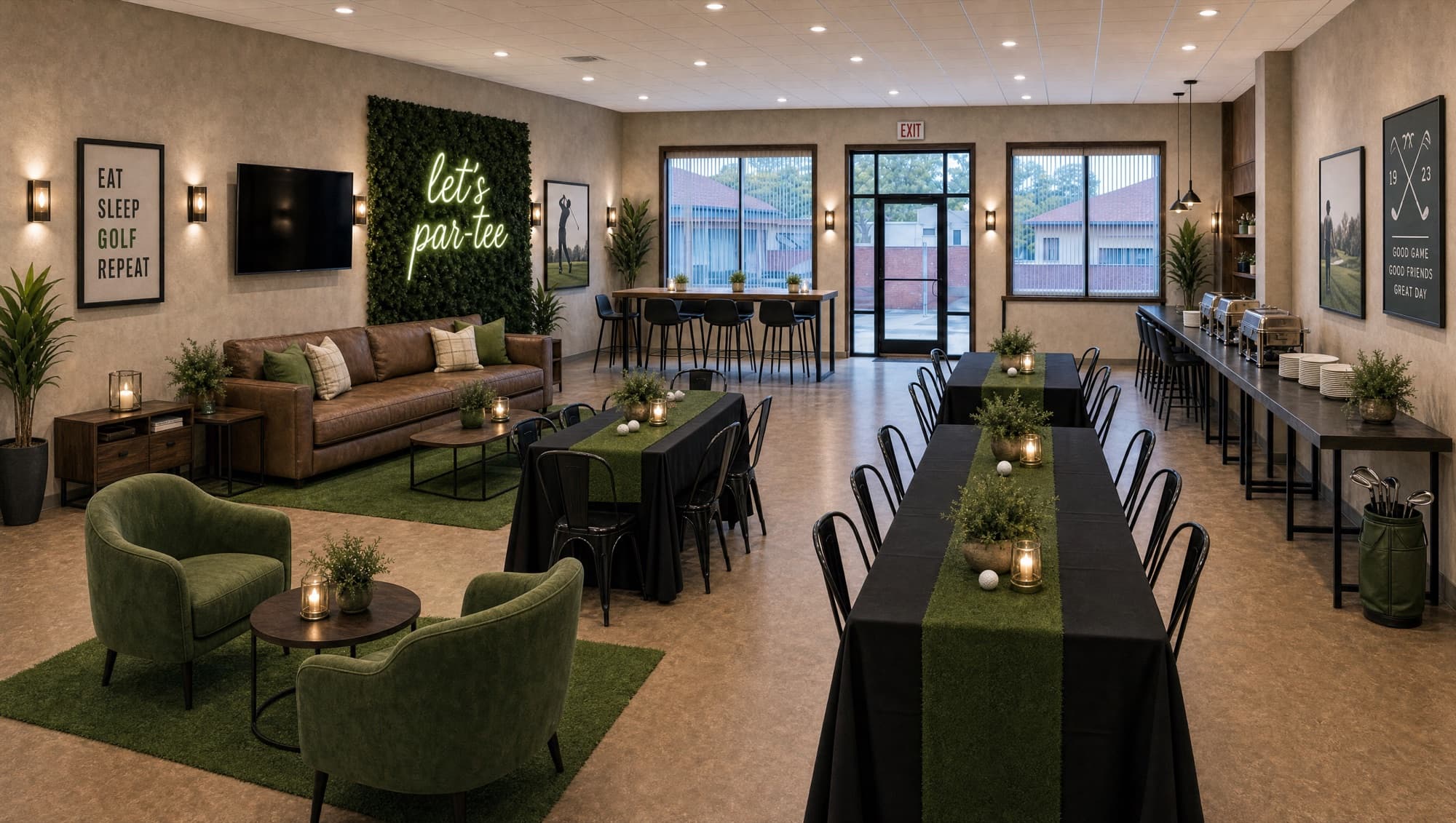 The party room in golf-night trim — turf table runners and a let's par-tee neon