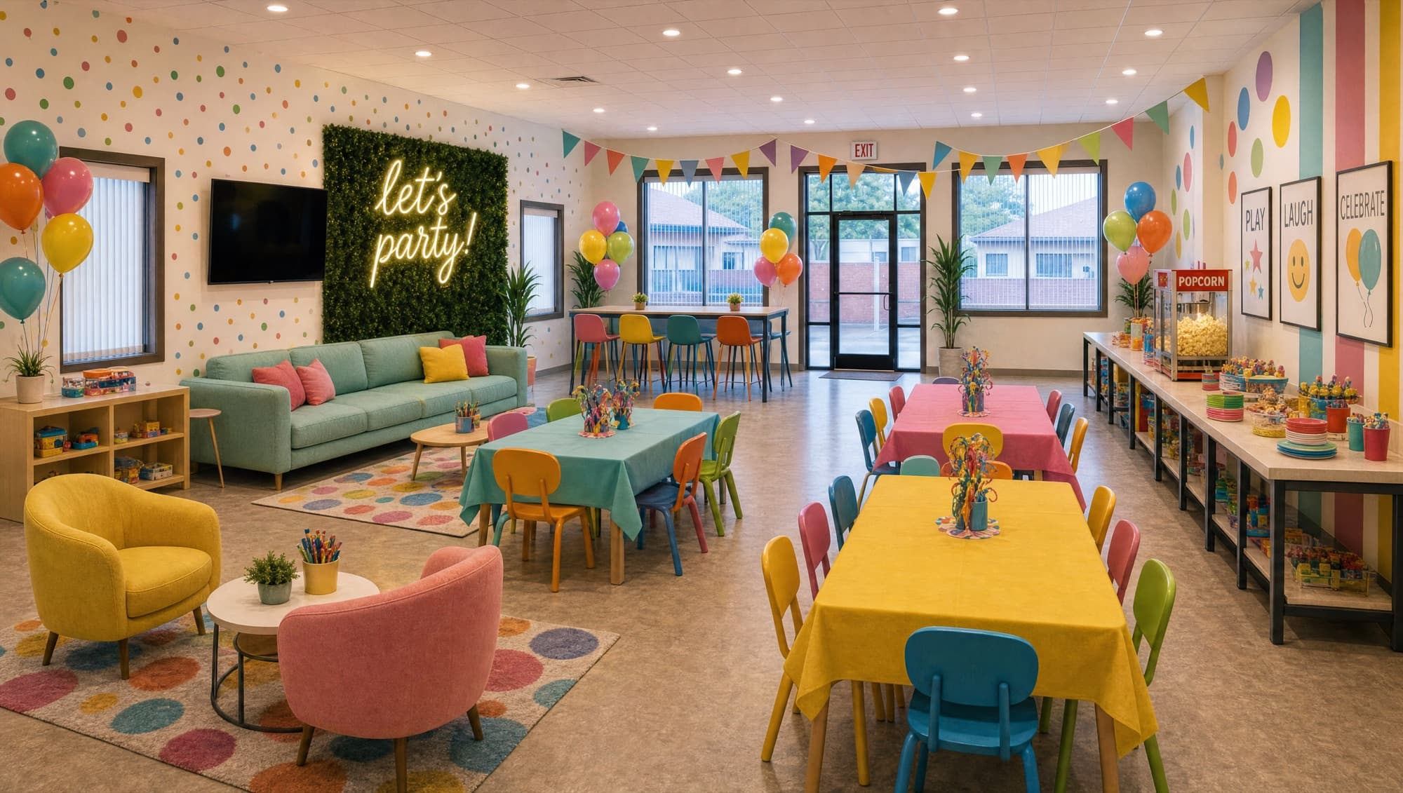 The party room decorated for a kids' birthday — balloons, bunting, and a popcorn machine